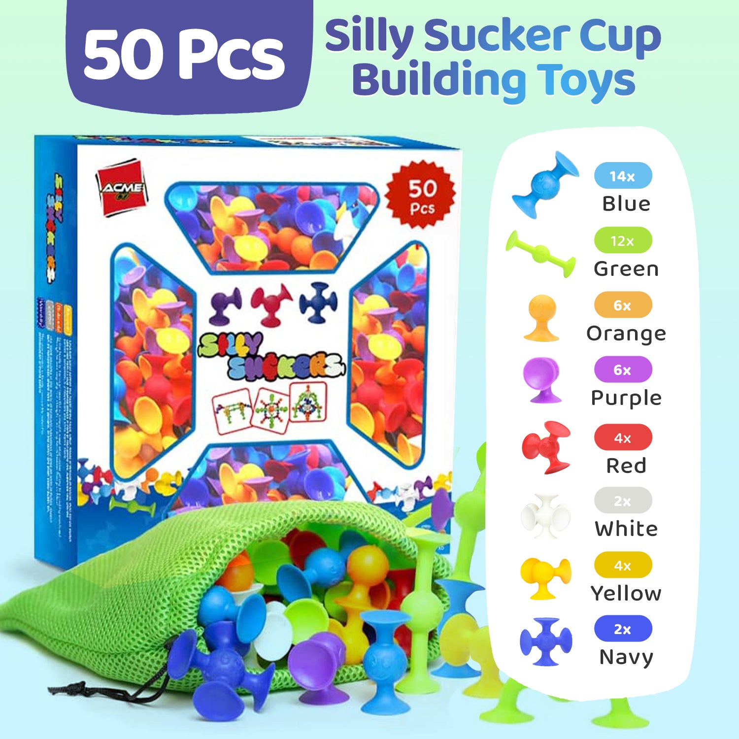 Silly Suckers 50 PCS Suction Cup Toys | Connect - Build - Create | Smooth Soft Edges | BPA Safe | Dishwasher Safe | Bath Toys | Toddler Toys | Sensory Toys | Hours of Fun ❤️