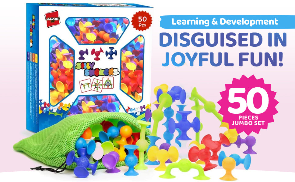 Silly Suckers 50 PCS Suction Cup Toys | Connect - Build - Create | Smooth Soft Edges | BPA Safe | Dishwasher Safe | Bath Toys | Toddler Toys | Sensory Toys | Hours of Fun ❤️