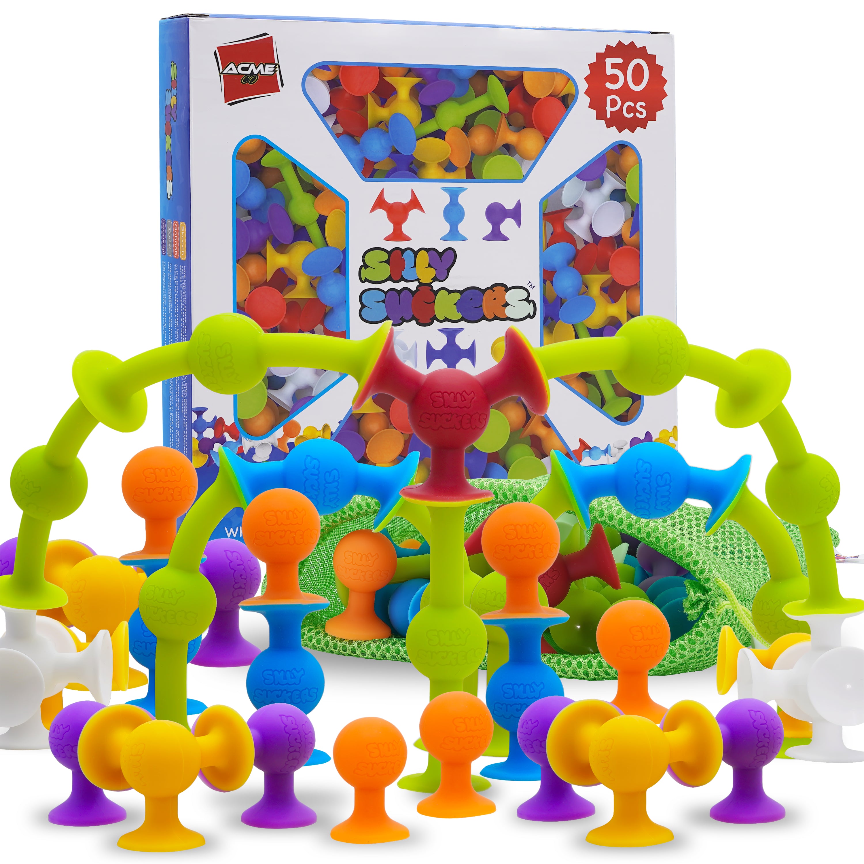 Silly Suckers 50 PCS Suction Cup Toys | Connect - Build - Create | Smooth Soft Edges | BPA Safe | Dishwasher Safe | Bath Toys | Toddler Toys | Sensory Toys | Hours of Fun ❤️